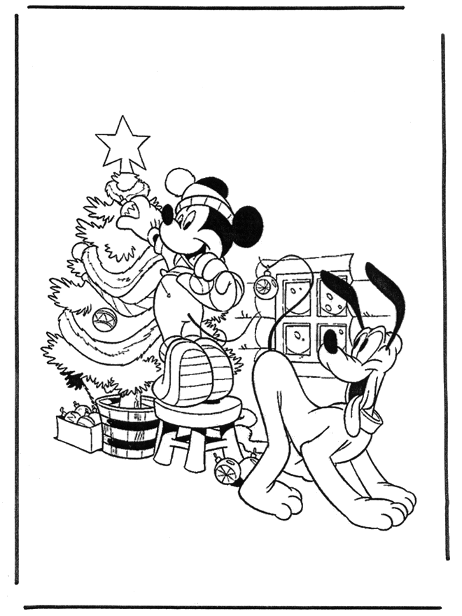 Mickey y Pluto con el árbol navideño - Pinta la Navidad