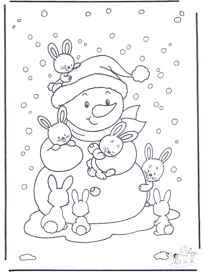 Muñeco de nieve con conejos - Animales invernales